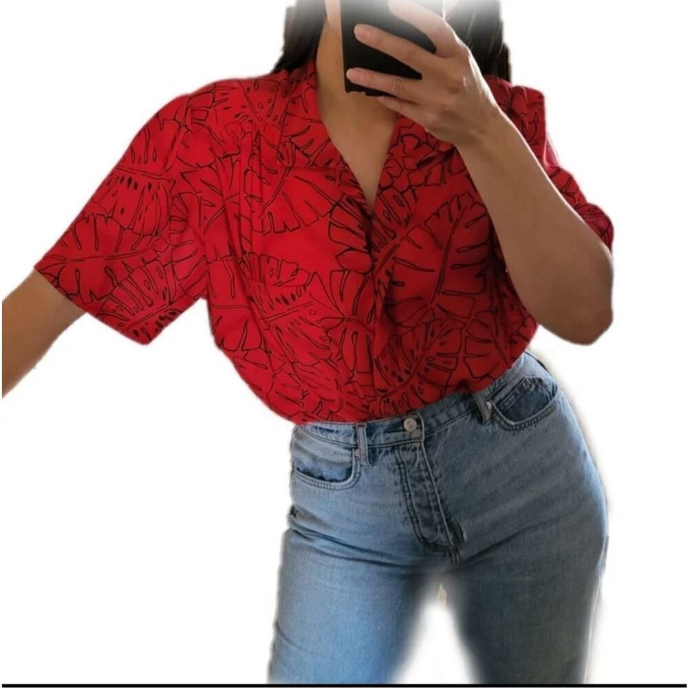 Red Tropical Print Button-Down Shirt - Women's Vintage Top